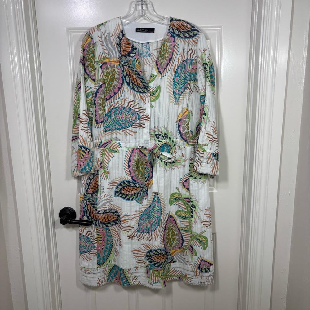 Marc Cain Multicolor Leaf Print 3/4 Sleeve Cotton Knee Length Dress Women’s 8